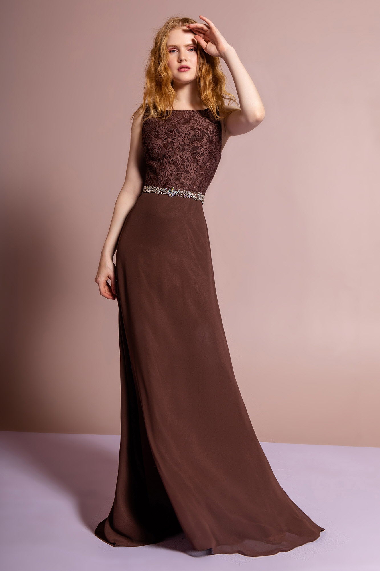 Chiffon Night-Out BallGown, Jewels Accented Waistband, Backless Floor-Length Pencil-Dress