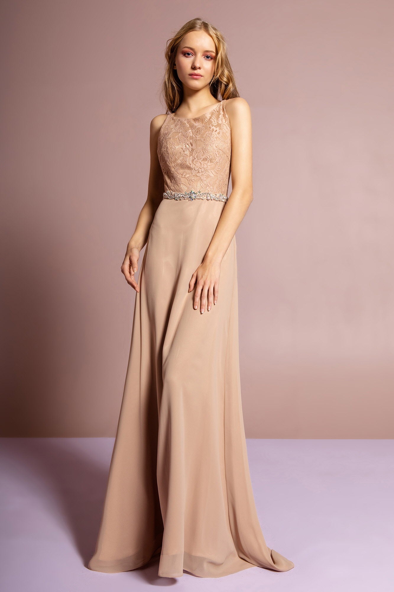 Chiffon Night-Out BallGown, Jewels Accented Waistband, Backless Floor-Length Pencil-Dress