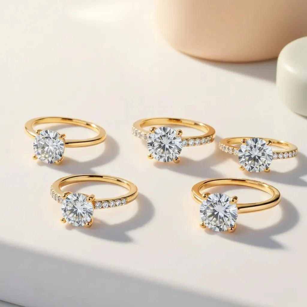 A collection of affordable engagement rings featuring lab-grown diamonds and moissanite, showcasing their brilliance and unique designs