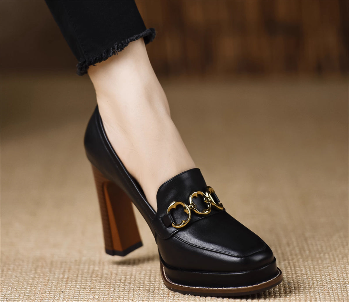 Women's Brown Thick-heeled Sheepskin Shoes - BEHRS at the loft