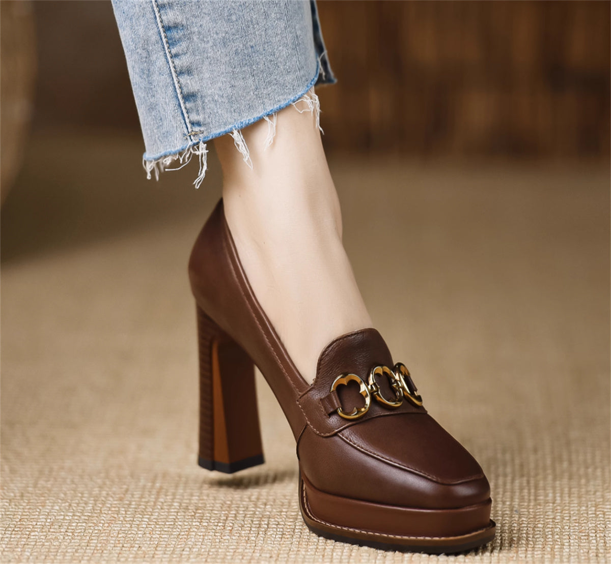 Women's Brown Thick-heeled Sheepskin Shoes - BEHRS at the loft