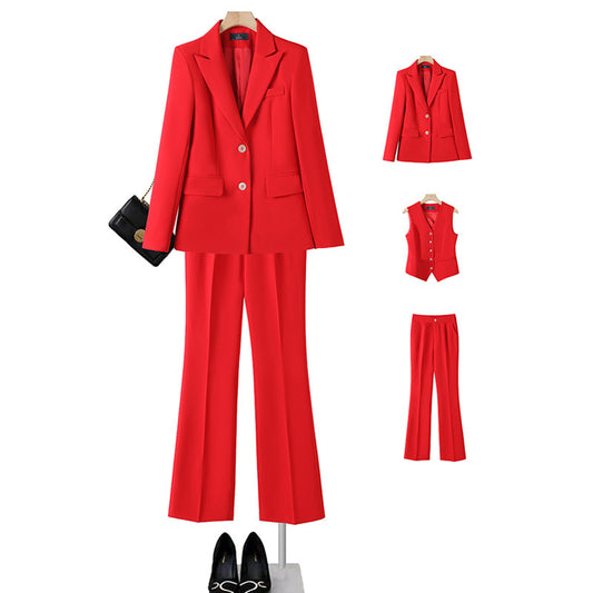 Autumn And Winter New Red Long Sleeve Small Suit Collar Coat Women's Waistcoat Pants Temperament Three-piece Suit A Generation Of Hair