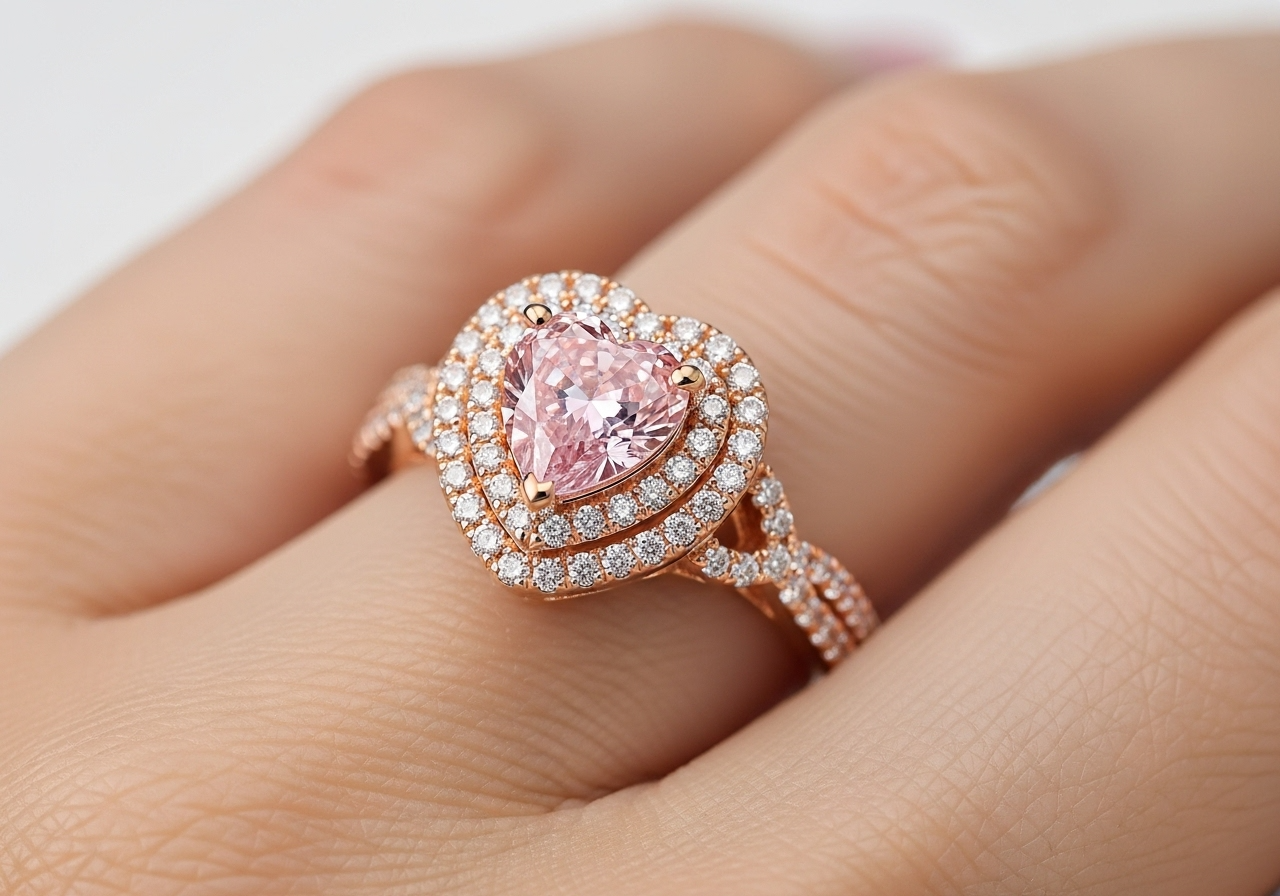 Dae Vonca Pink Heart Diamond Double Halo Ring Rose Gold Wedding Ring - BEHRS at the loft